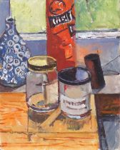 Roger BLISS (British 20th Century) Still Life of Jars, Oil on board, Studio stamp verso, 9.75" x