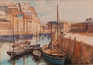 J Ernest WINTERBOTTOM (British Early 20th Century) Mevagissey Harbour – FY91 Fishing boat moored