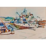 Fred YATES (British 1922-2008) Boat docked in Harbour (Kanafrost ?), Watercolour Signed and dated '