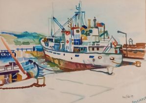 Fred YATES (British 1922-2008) Boat docked in Harbour (Kanafrost ?), Watercolour Signed and dated '