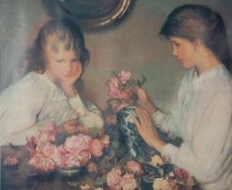 Sir George CLAUSEN (British 1852-1944), Two Girls Arranging Roses, Colour print, 15.25” x 18.25” (