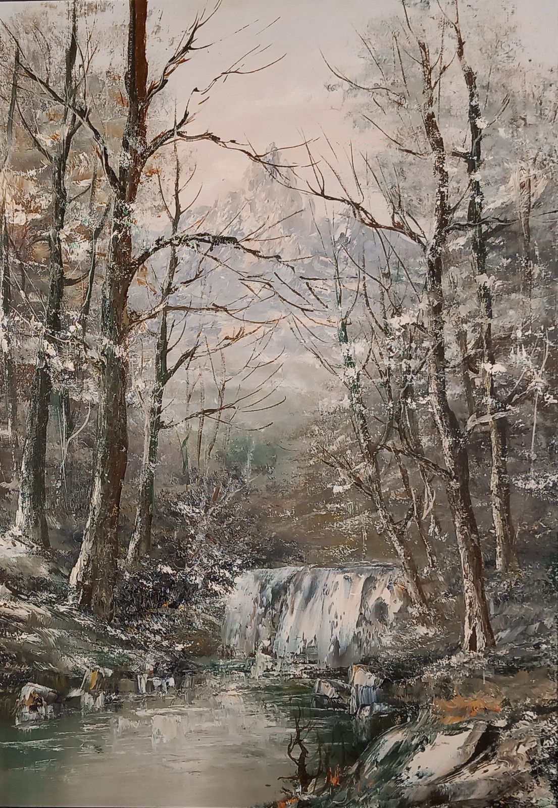20th Century Continental School, Alpine Winter Landscape - Cascade, Oil on canvas, 26.75” x 18.5” (