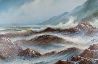 A BUIKEMIA (20th Century) Crashing Waves seascape, Oil on canvas, Signed lower left, 23.25” x 35.75”