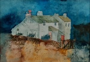 20th Century, Cottage in a landscape with storm approaching, Watercolour, Indistinctly signed with