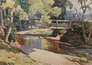D BINNS (20th Century) Two women picnicking under a tree, by a bridge, Watercolour, Signed lower