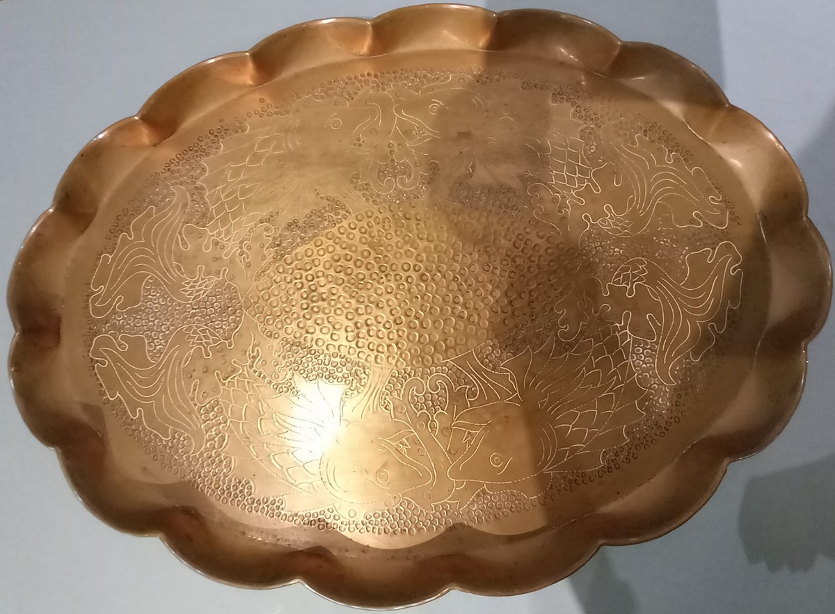 Art Nouveau period, Large Cornish oval copper tray with Fish repoussé design, J & F Pool, 22.5" - Image 2 of 2