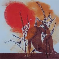 Carol LANDER (British 20th / 21st Century) Blazing Sun, woman seated under a tree, Colour print, 12”