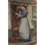 Ralph TODD (British 1856-1932) Young woman mending the nets, Watercolour, 13.25” x 8.5” (33cm x