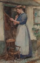 Ralph TODD (British 1856-1932) Young woman mending the nets, Watercolour, 13.25” x 8.5” (33cm x