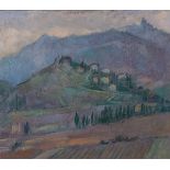 June MILES (British 1924-2021) Cucugnan in the Corbiéres (Southern France), Oil on board, titled and
