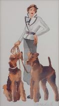 Sarah BELL (British b.1964) Lady in Grey, with two Airedale Terriers, Watercolour, Signed lower