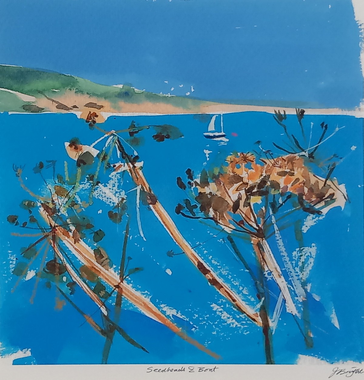 J BRIGHT (British 20th / 21st Century) Seedheads and Boat, Colour print, Signed lower right,