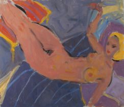 Kanwaldeep Singh KANG (aka Nicks) (British 1964-2007) Reclining Nude on Red and Purple Cushions, Oil