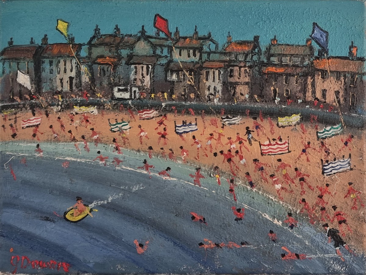 James DOWNIE (British b. 1949) St. Ives - busy Beach scene, Oil on canvas, Signed lower left,