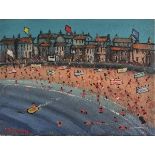 James DOWNIE (British b. 1949) St. Ives - busy Beach scene, Oil on canvas, Signed lower left,