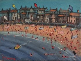 James DOWNIE (British b. 1949) St. Ives - busy Beach scene, Oil on canvas, Signed lower left,