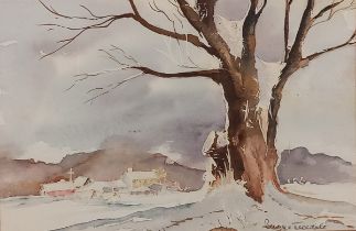 Bernice TWEEDALE (British 20th Century) Winter Landscape – Distant view of a hamlet, Watercolour,