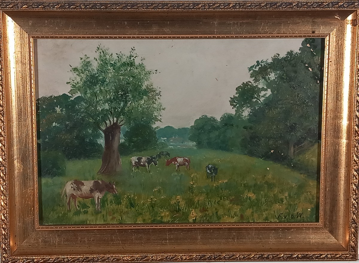 F.V.O.W (Early 20th Century British School) Cows grazing in a meadow, Oil on board, Signed with - Image 2 of 3