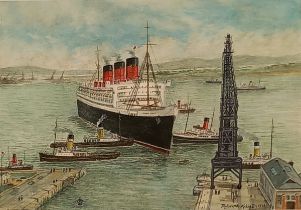 R Joseph KELSALL (British 20th Century) The Queen Mary entering King George V Graving Dock,