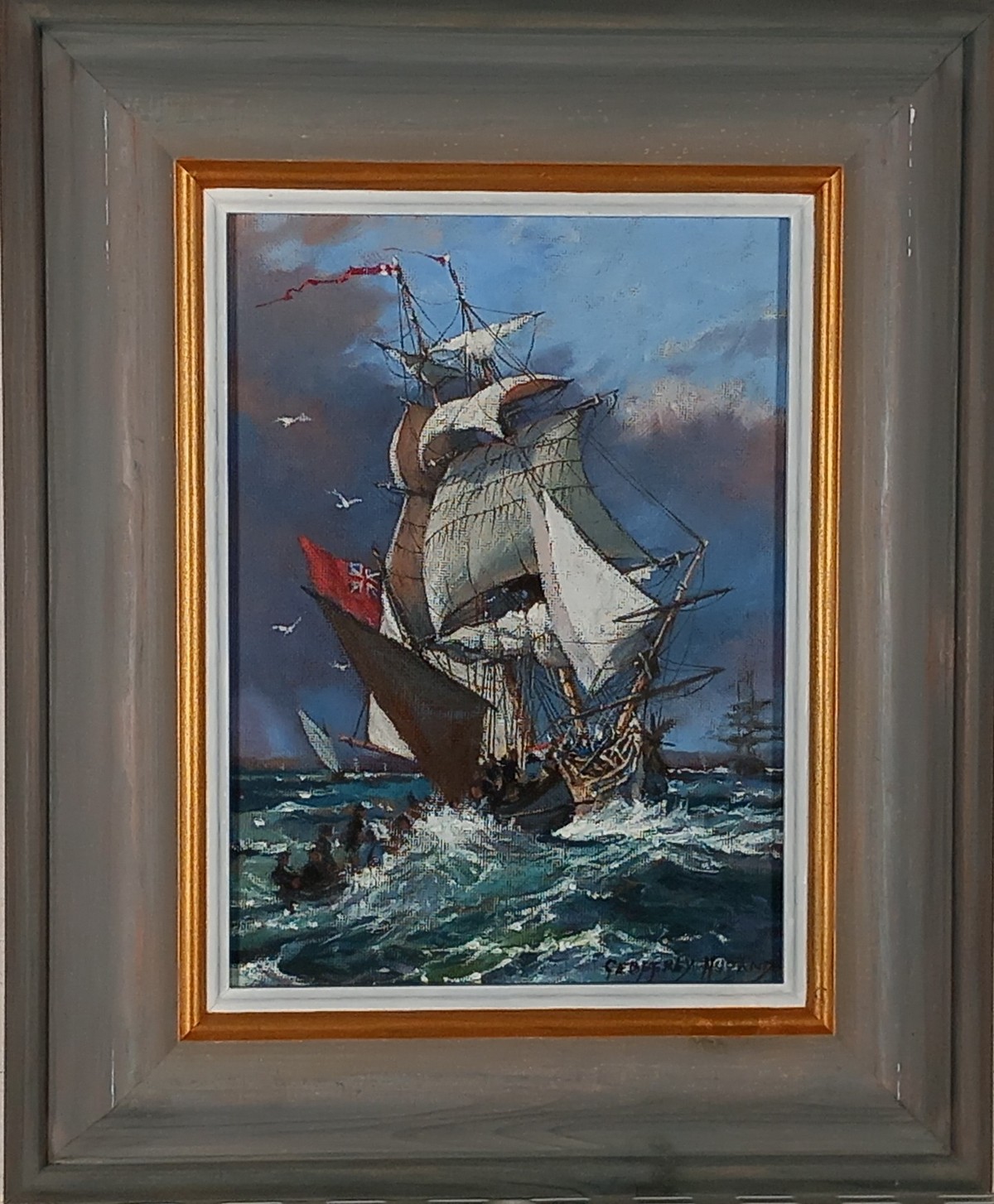 Geoffrey HUBAND RSMA (British b. 1945) Channel Rendezvous, Oil on board, Signed lower right, signed, - Image 2 of 3