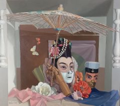 Arnold de SOET (1924-1994) Table Still Life featuring Faces, Mask, Shells, Umbrella et al, Oil on