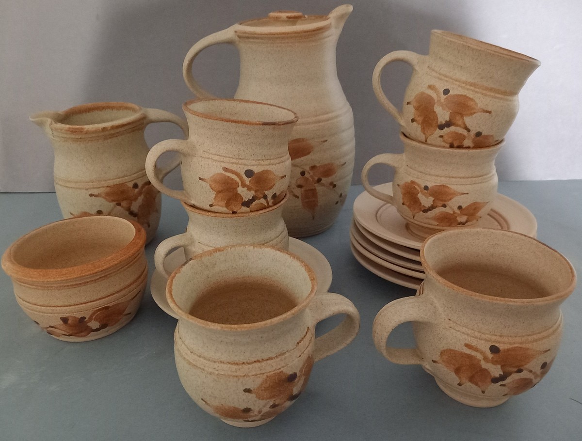 Ros MOREN (British 20th Century), Pottery Tea Set, includes 5 cups and saucers, Jug, Milk Jug, - Image 2 of 2