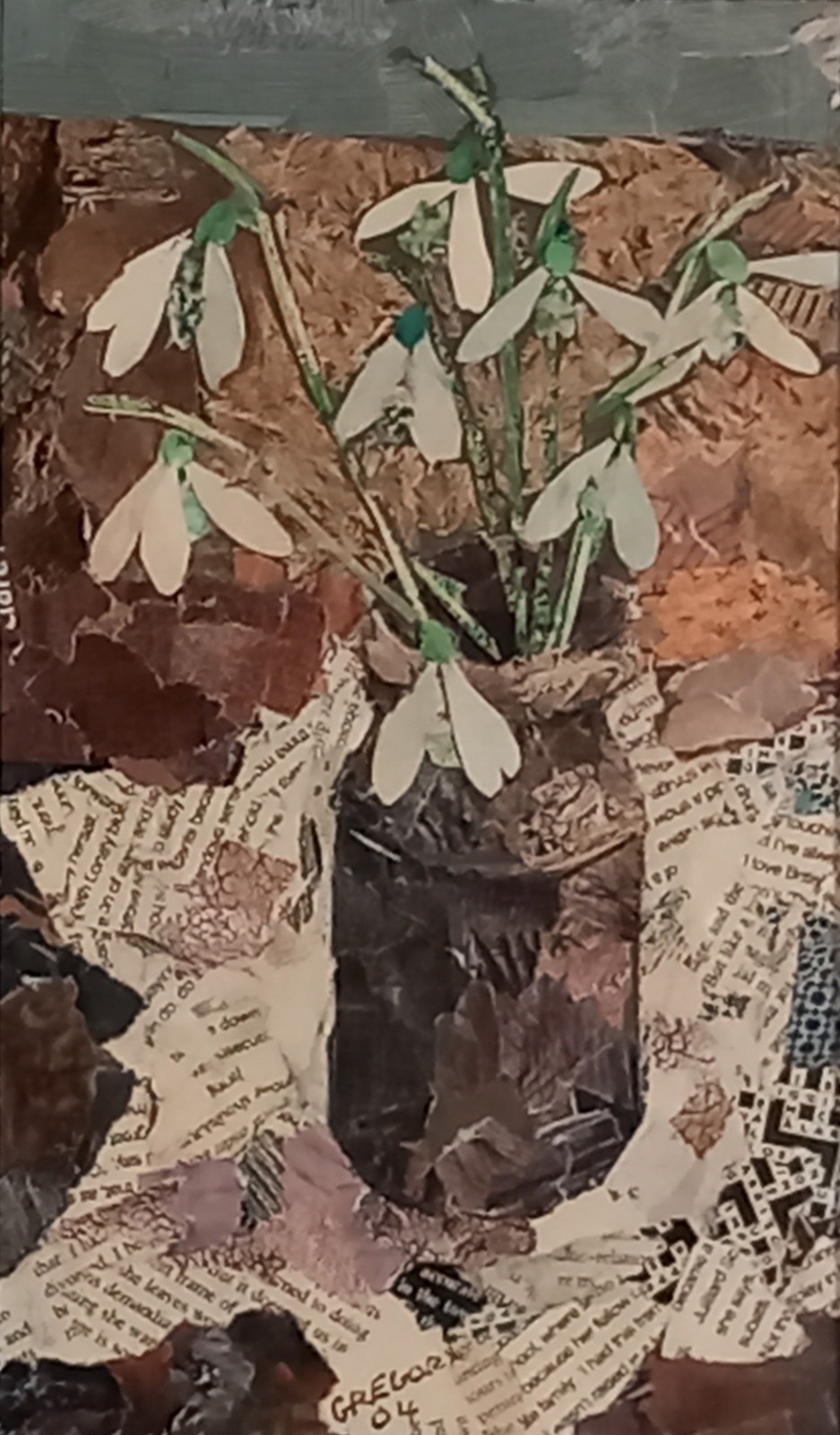 Annabelle GREGORY (British b. 1941) Joy of Snowdrops, Collage, Signed and dated '04 bottom center,