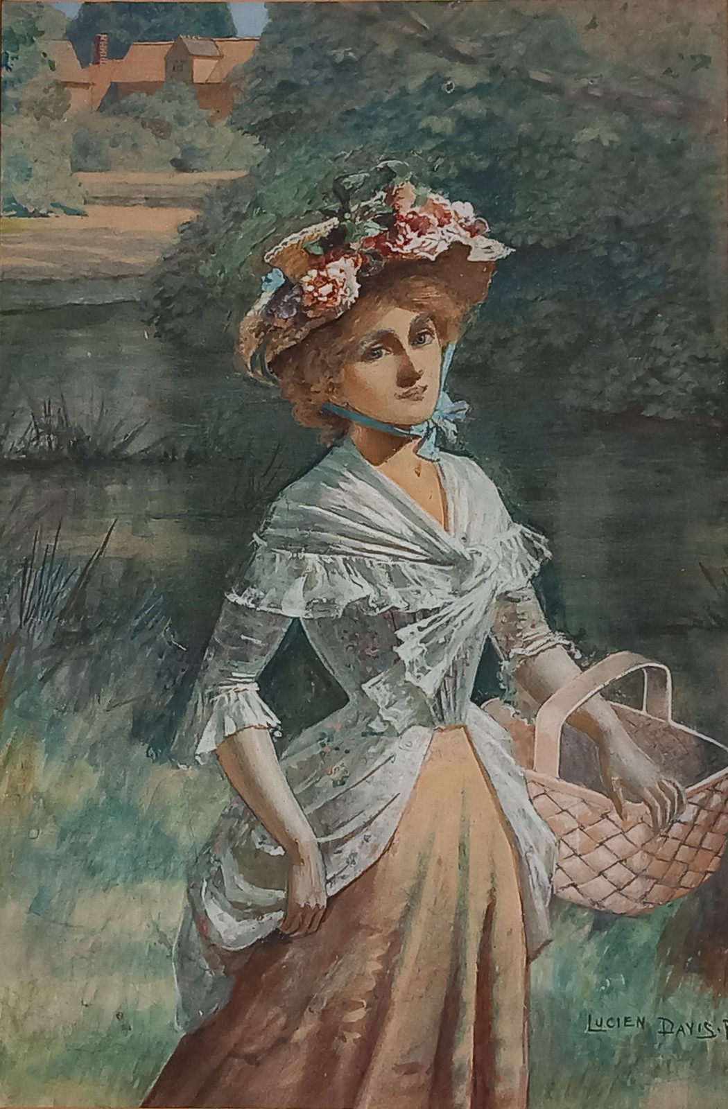 Lucien DAVIS (British 1860-1951) A young woman carrying a basket, Watercolour, Signed lower right,