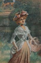 Lucien DAVIS (British 1860-1951) A young woman carrying a basket, Watercolour, Signed lower right,