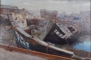 David LANGSWORTHY (British b. 1942) Decommissioning Newlyn - scrapped hulls Newlyn Harbour, Oil on