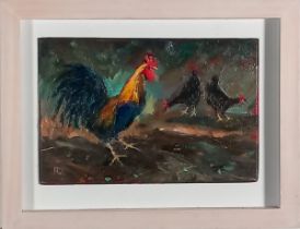 Robert JONES (British b. 1943) Cockerel & Hen III, Oil on board, Signed with initials lower left,