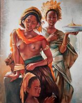 20th Century Asian School, Two woman with dragon / ceremonial, Oil on canvas, 39.5” x 27.75” (