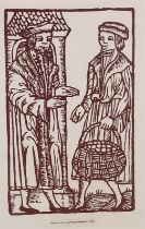 Woodcut from the Prague Haggadah, 1526, Two Figures, one carrying a basket, 9.75” x 6.25” (24cm x