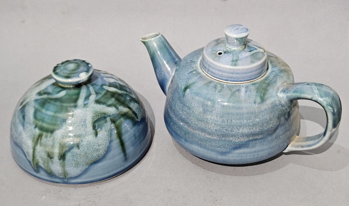 Lamorna Pottery, a Teapot and Butter / Cheese Cover on a blue / green ground, both marked with - Image 2 of 3