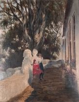 After Rowland Vivian PYM (British 1910-2006) Two young girls before a House, one girl reading,