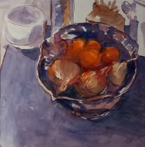 John RIDGER (British 1920-2016) Still Life – Bowl of Fruit on a table, Watercolour, Signed lower