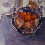 John RIDGER (British 1920-2016) Still Life – Bowl of Fruit on a table, Watercolour, Signed lower