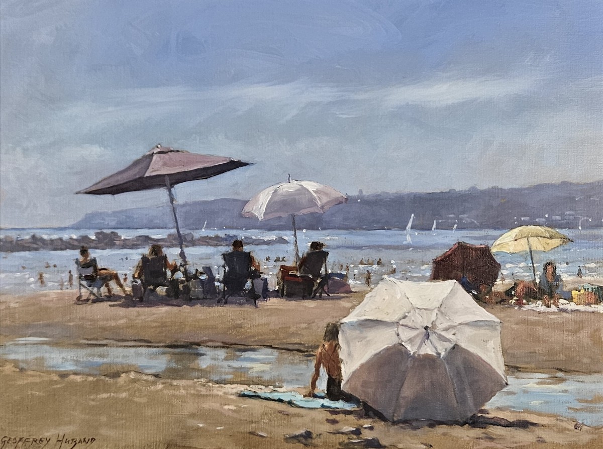 Geoffrey HUBAND RSMA (British b. 1945) Parasols, Oil on canvas, Signed lower left, titled and signed