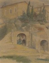 M B (20th Century) Chapel and Ruins with Trees, Pencil and watercolour, signed with initials and