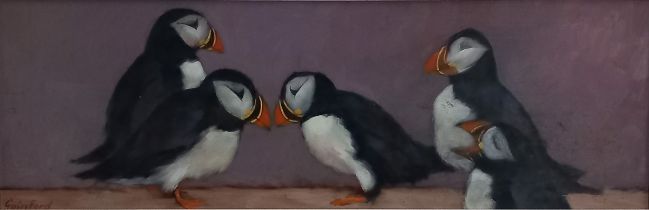 David GAINFORD (British b. 1941) Puffins, Oil on board, Signed lower left, 11.25” x 35.25” (28cm x