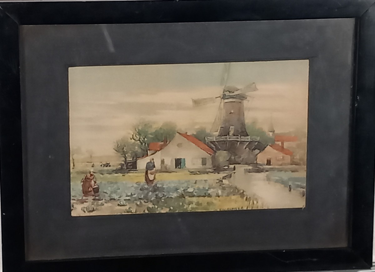 19th Century Dutch School, Figures Collecting Flowers, with Windmill in background, Watercolour, 3. - Image 2 of 7