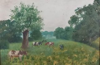 F.V.O.W (Early 20th Century British School) Cows grazing in a meadow, Oil on board, Signed with