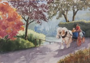 Pat LANCE (British 20th / 21st Century) Cockington Gardens, Torquay – carriage ride, Watercolour,