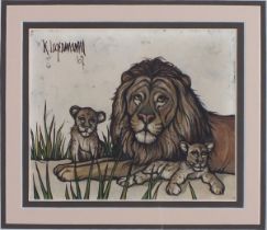 Keith INGERMANN (American 1929-2012) Lion and Cubs, Oil on board, Signed and dated '67 top left,