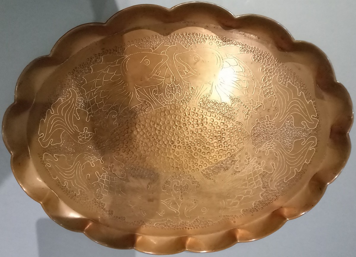 Art Nouveau period, Large Cornish oval copper tray with Fish repoussé design, J & F Pool, 22.5"