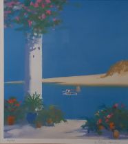 John MILLER (British 1931-2002) Boat passing a terrace, Limited edition colour print, Signed lower
