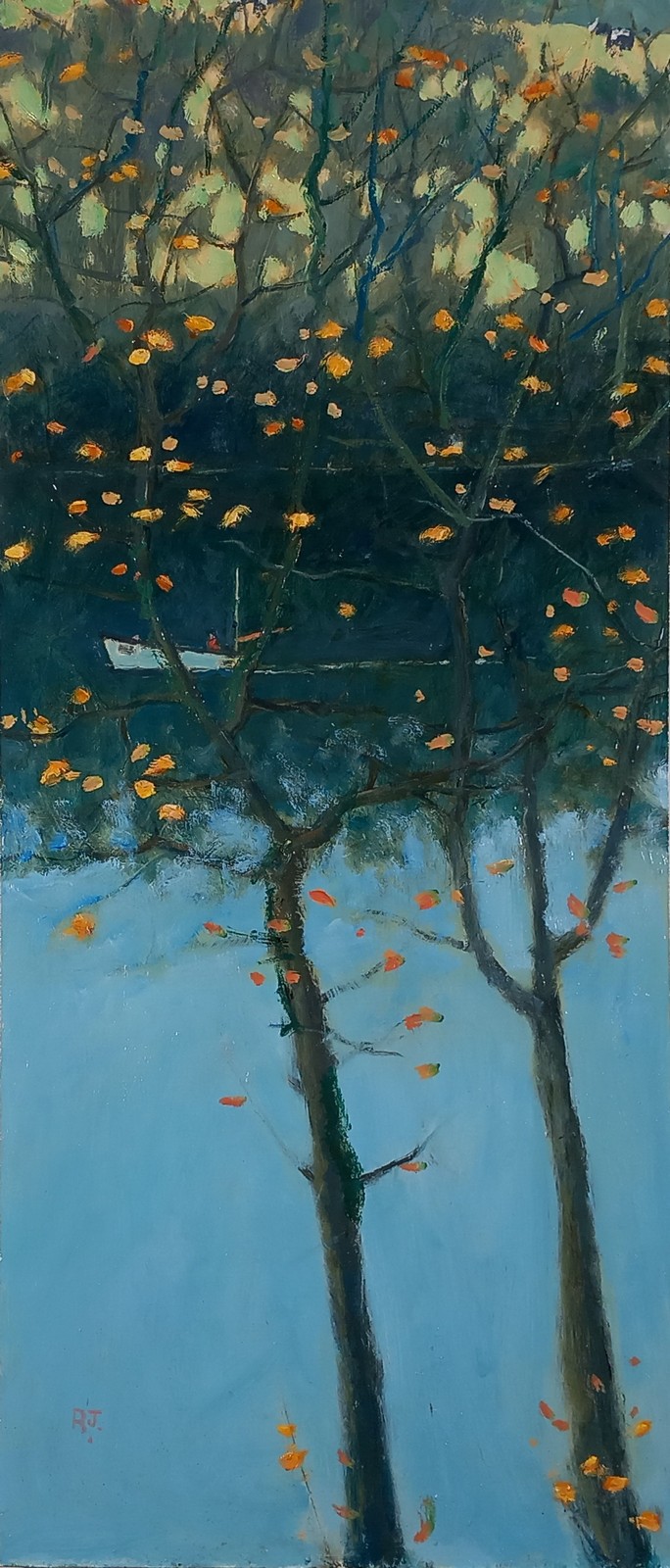 Robert JONES (British b. 1943) Estuary Calm, Autumn Leaves, Oil on board, Signed with initials lower