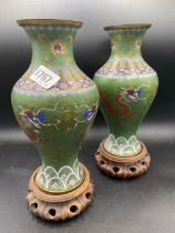 Pair Of Good Quality Cloisonne Vases Decorated With Dragons. Wood Bases 10" High