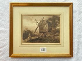 19Th Century English School - Figure Seated On Log Near Windmill, 6.5" X 7.5"