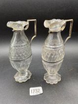 Pair Of Oval Georgian Cut Glass Oil And Vinegar Bottles With Silver Mounts